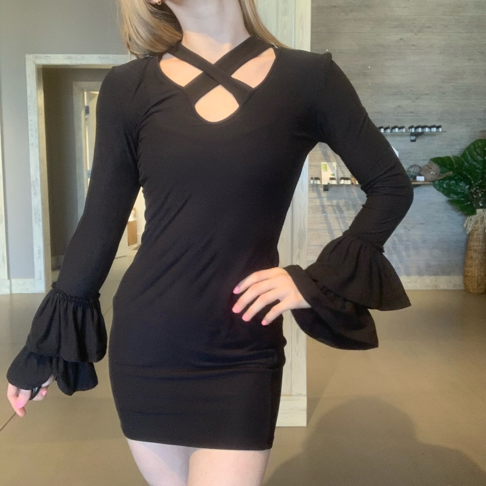 Black body con dress with bell sleeves